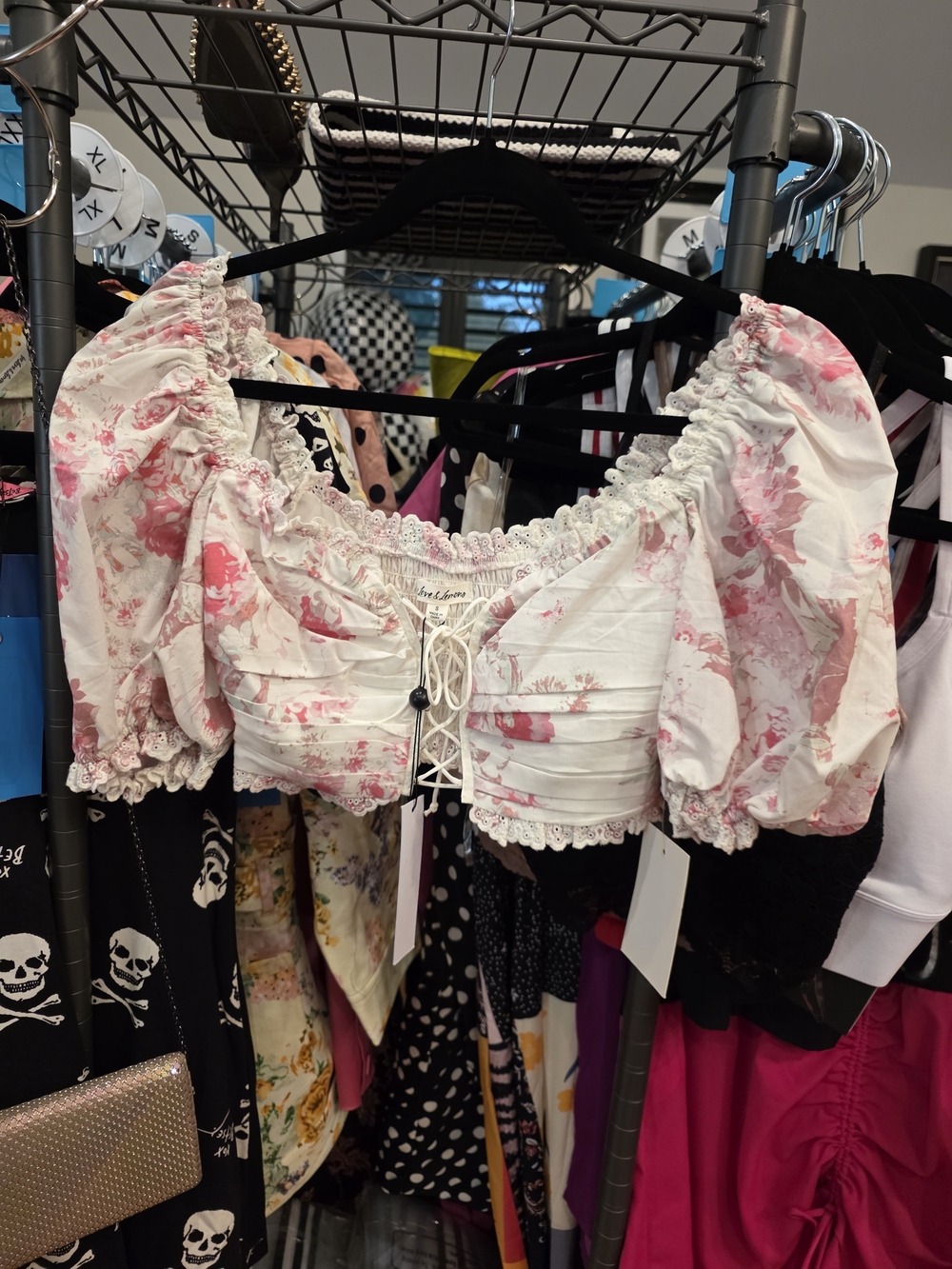 For Love & Lemons Pink Floral Smocked Crop Top